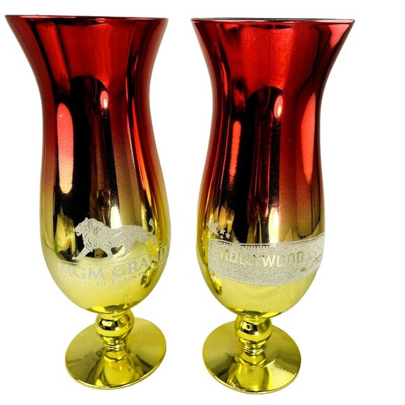 Set 2 MGM Grand Hollywood Theater Mirrored u Pink Goblet Glass Red Gold Collecti - Picture 3 of 5
